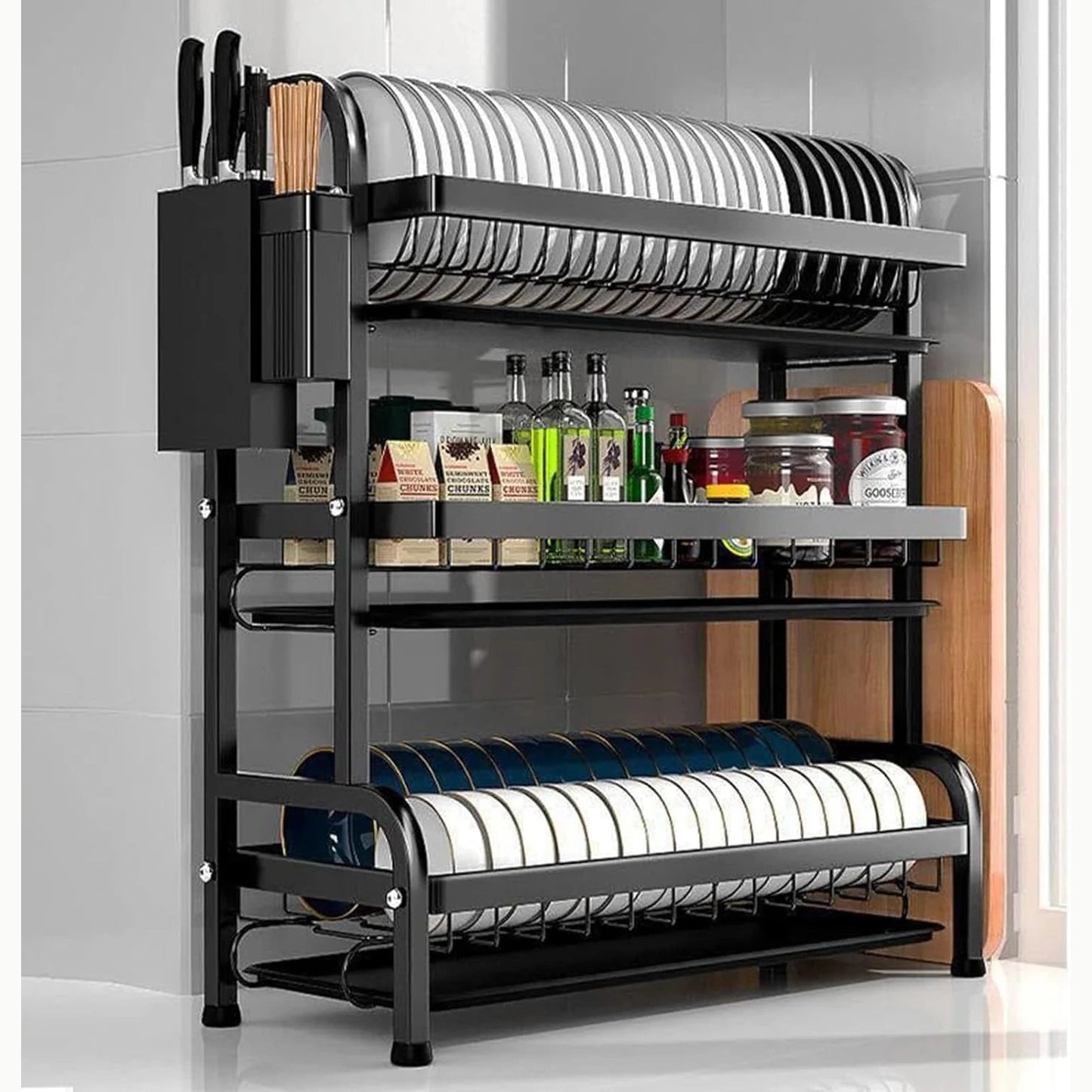 3-Tier Large Capacity Dish Rack with Utensil Holder, Cutting Board Holder, Drain Board Tray for Kitchen Counter Storage