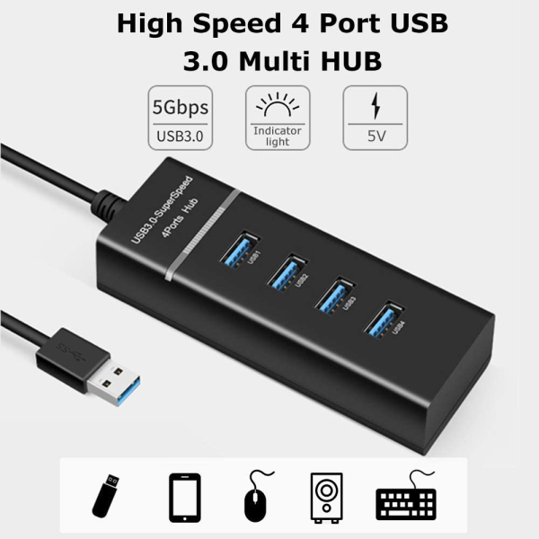 USB 3.0 4-Port High-Speed Hub – 5Gbps Data Transfer, Power Supply Support & Overload Protection