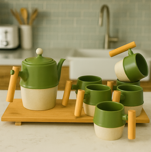 Modern Ceramic Tea Set with Bamboo Handles– 1.3L Kettle & 6×320ml Cups + serving tray