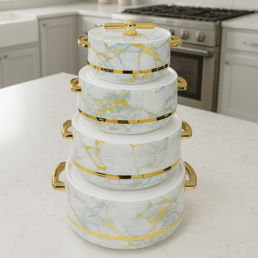 Turkish Hot Pot Set of 4 β White Marble & Gold Edition serveware