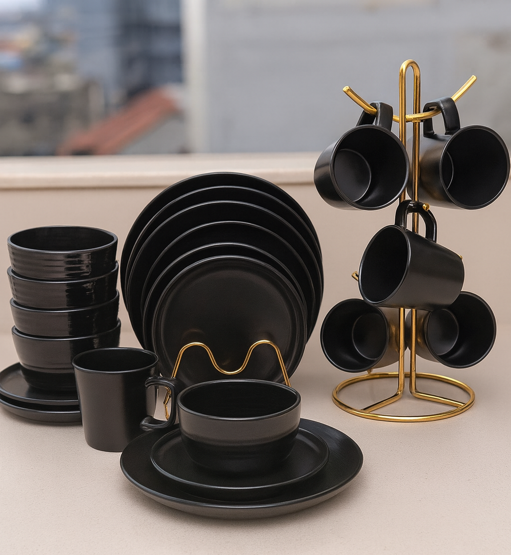 24-Piece Premium Black Ceramic Dinnerware Set with Gold Mug Stand