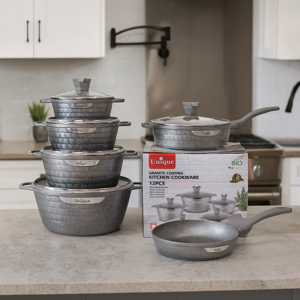 12-Piece Unique Granite Coating Kitchen Cookware Set with Gloves