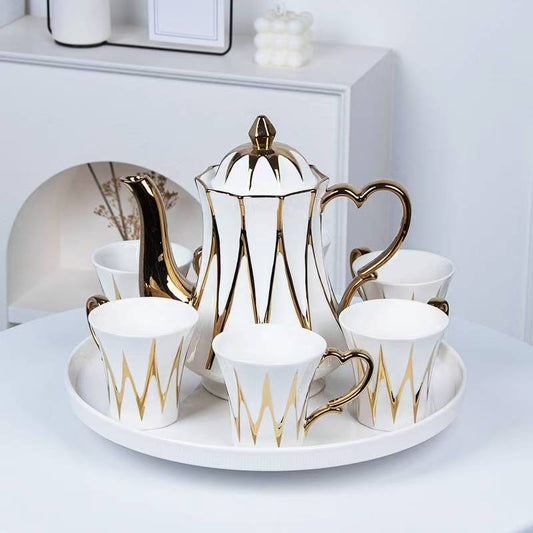 Luxury White & Gold Ceramic Tea Set with love Gold handle – 1.3L Kettle & 6×320ml Cups + serving tray
