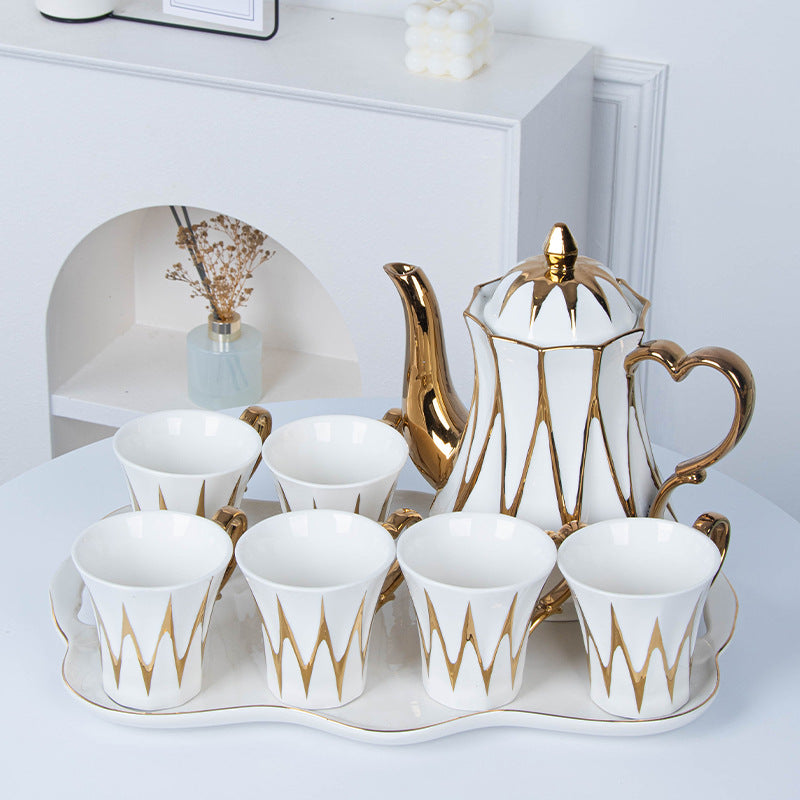 Luxury White & Gold Ceramic Tea Set with love Gold handle – 1.3L Kettle & 6×320ml Cups + serving tray