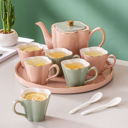 Elegant Floral Ceramic Tea Set with Bamboo Stand