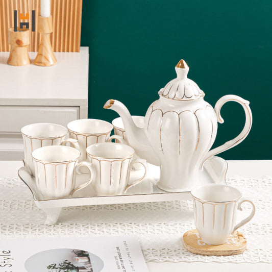 Luxury White & Gold Ceramic Tea Set (1.3L Kettle + 320ml Cups + serving tray)