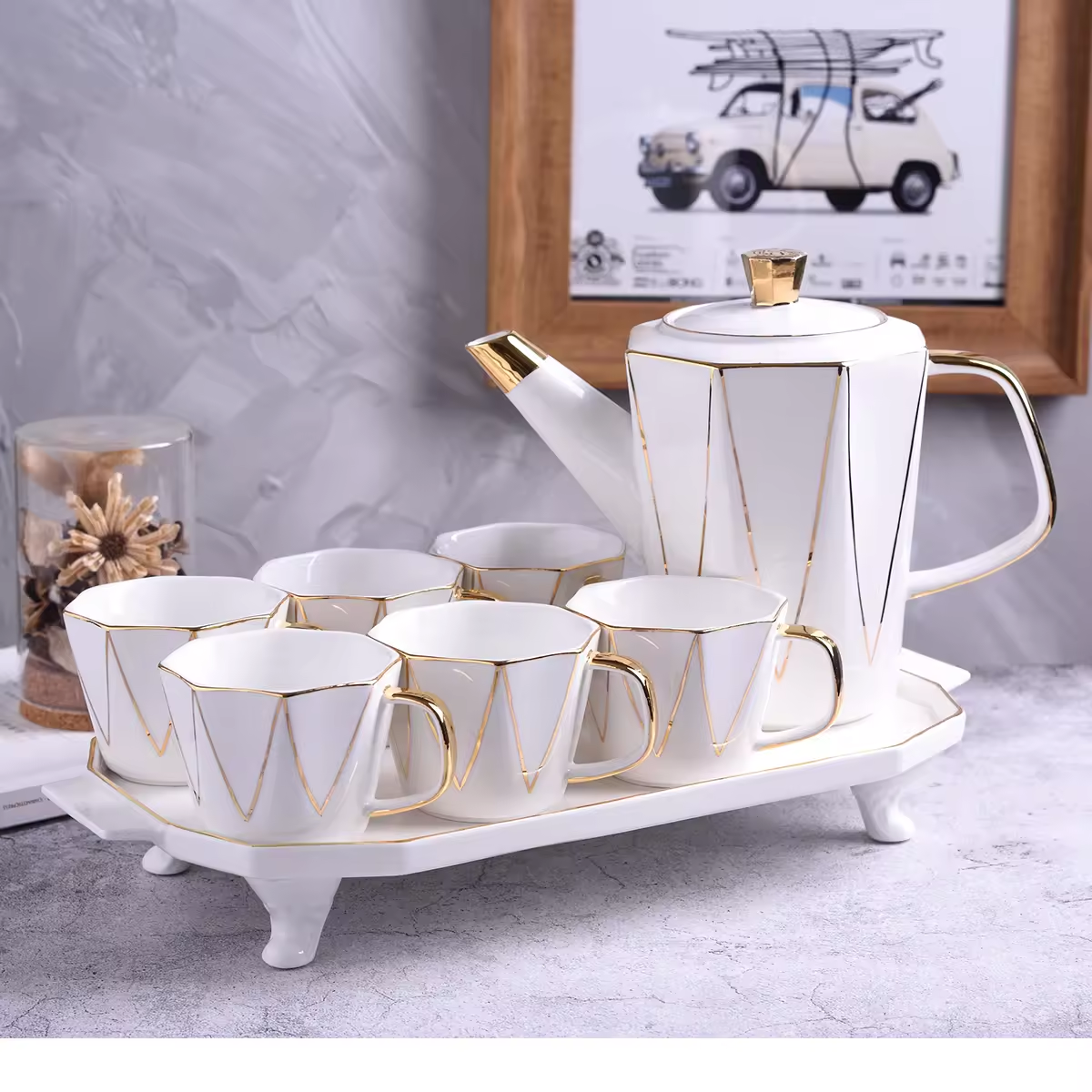 Luxury White & Gold Geometric Ceramic Tea Set (1.3L Kettle + 320ml Cups + serving tray)