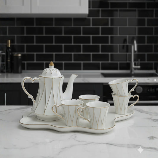 Elegant White & Gold Ceramic Tea Set with heart shaped handle – 8-Piece (1.3L Kettle + 320ml Cups + Tray)