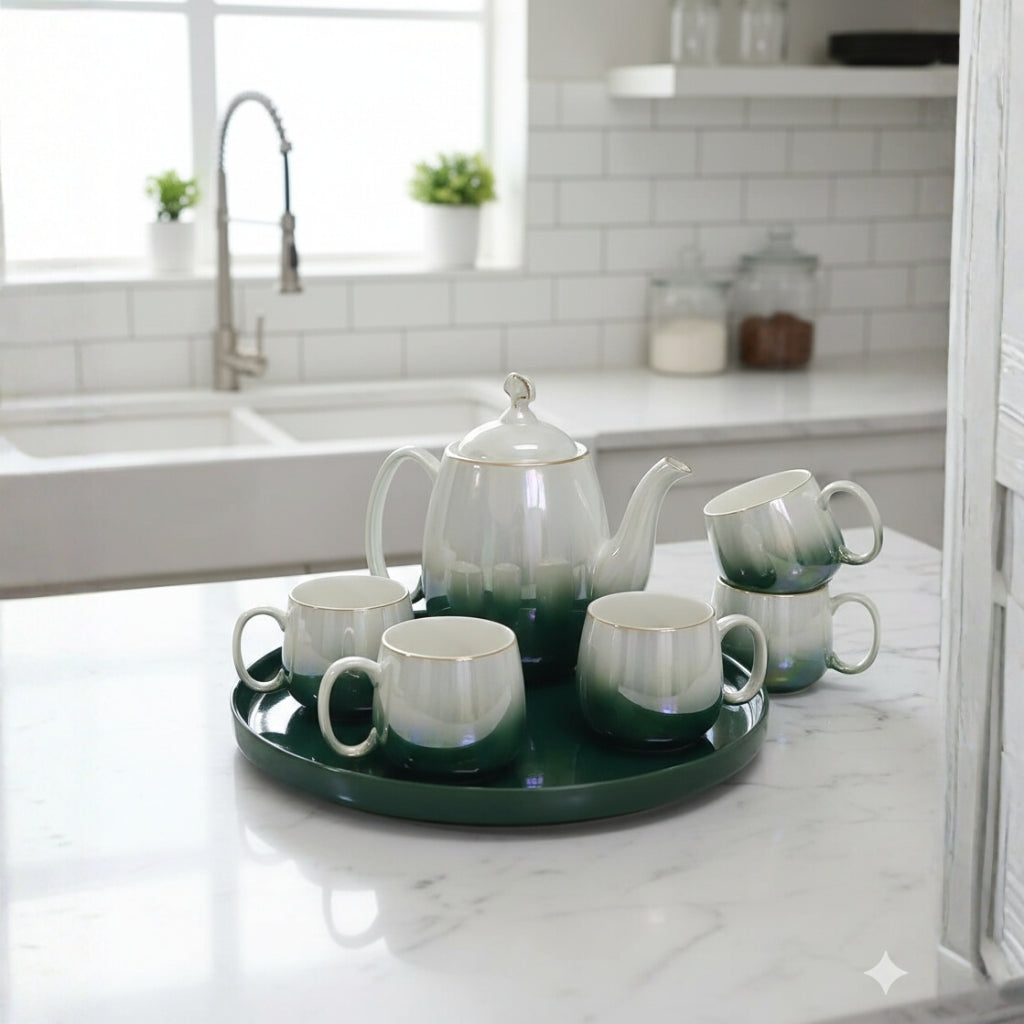 8pcs Ceramic Tea Set with Tray β Green & White Gradient Design