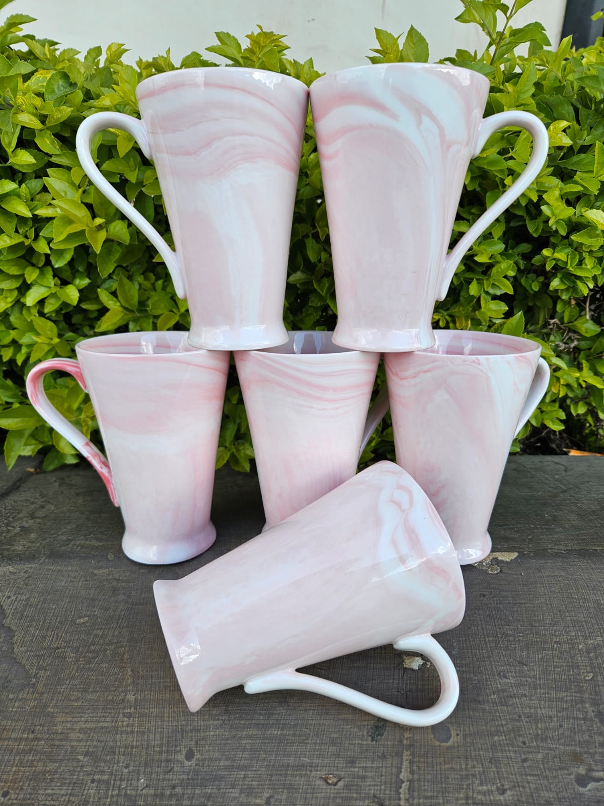 6-Piece Tall Pink Marble Ceramic Mug Set