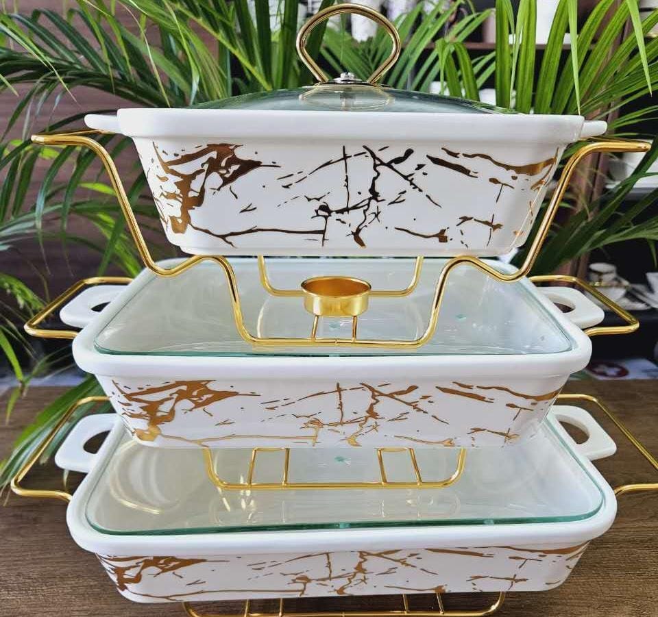 3-Piece White & Gold Marble Ceramic Chafing Dish Set with Glass Lids serveware