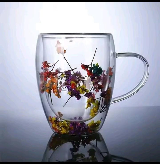 Decorated Floral Double-Wall Glass Cup – 3pc