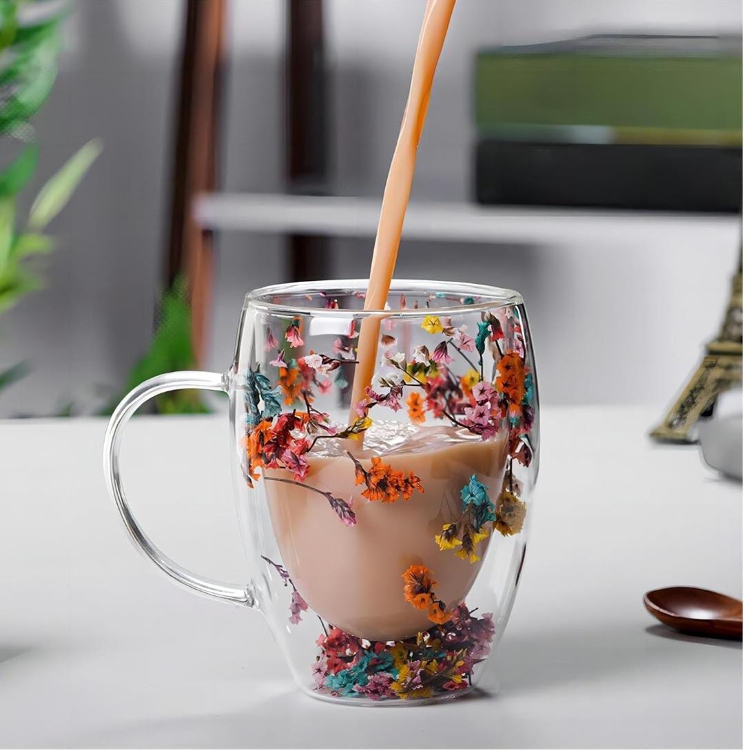 Decorated Floral Double-Wall Glass Cup β 3pc