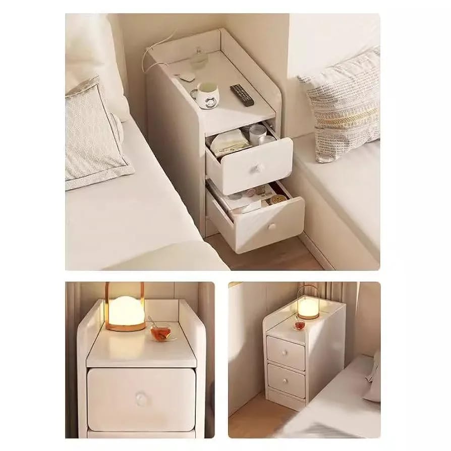 Minimalist Wooden Bedside Table – Warm White (2 Drawers)