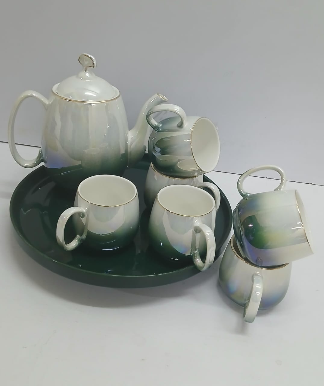 8pcs Ceramic Tea Set with Tray β Green & White Gradient Design