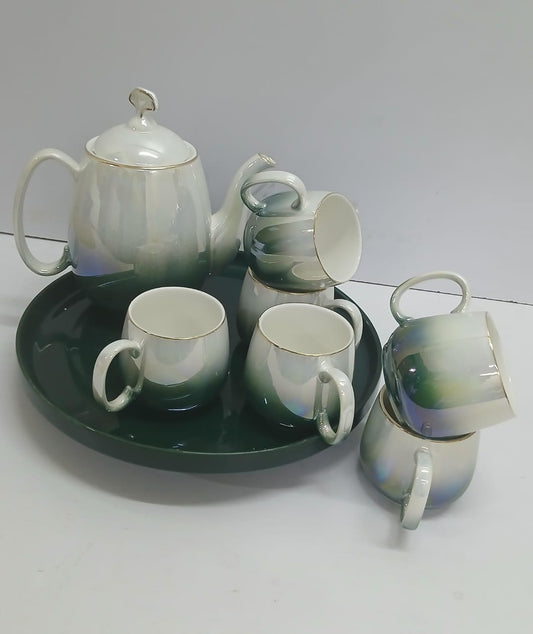 8pcs Ceramic Tea Set with Tray – Green & White Gradient Design