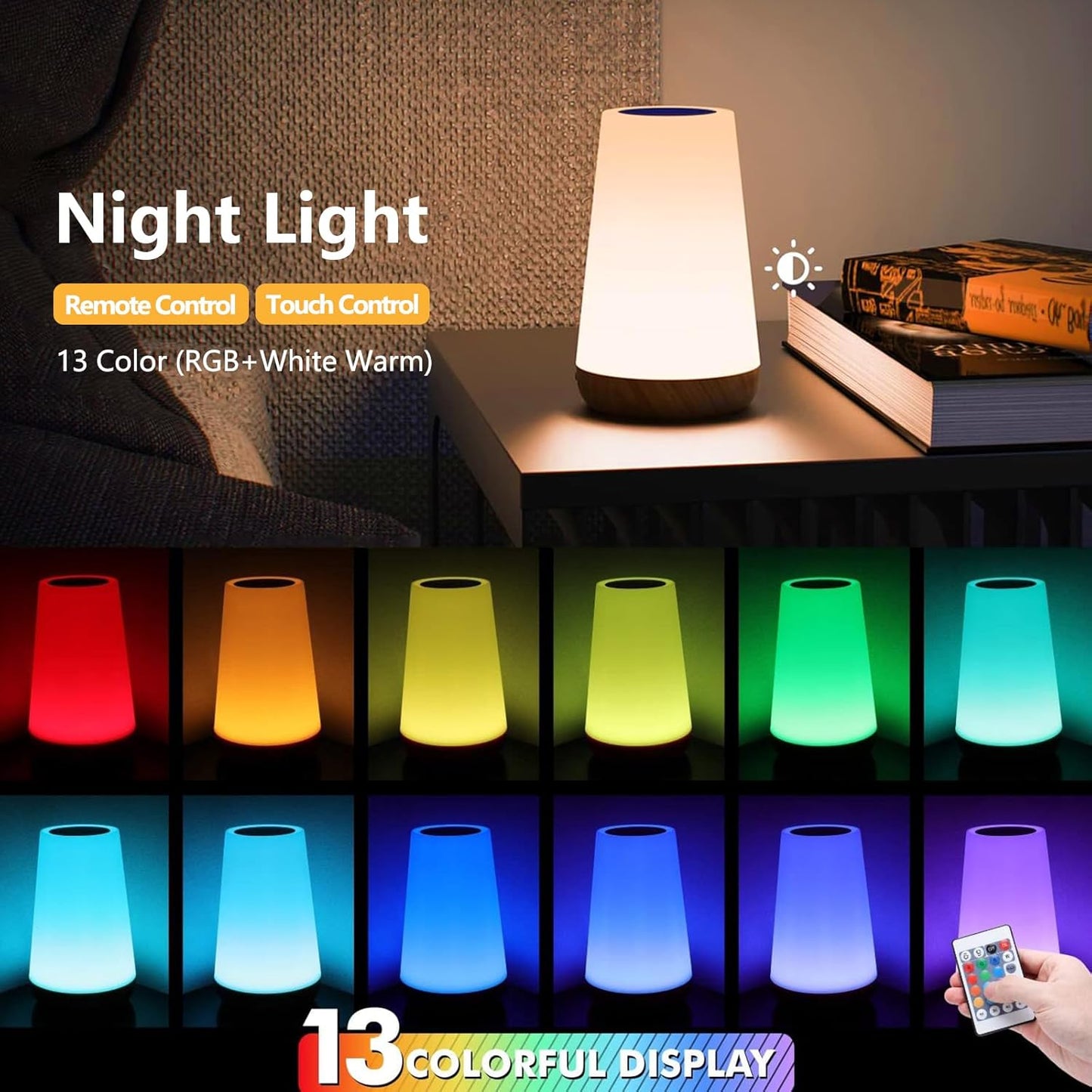 13 Colour Rechargeable LED Night Light with Remote – Customizable Mood Lamp