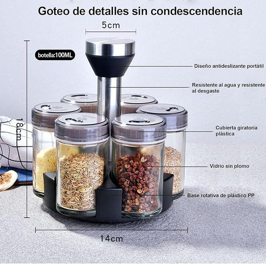 Rotating Spice Rack Organizer β 360Β° Turntable with 6 Glass Jars & Stainless Steel Lids