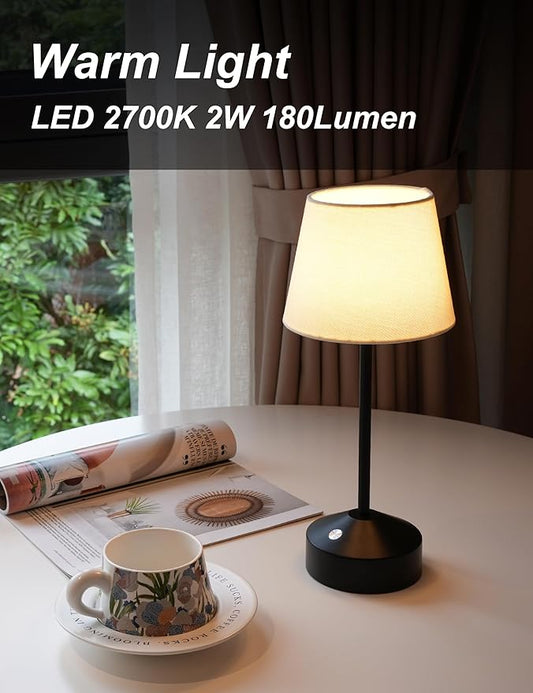 Cordless LED Table Lamp – Rechargeable, Touch Dimmable Light with Fabric Shade