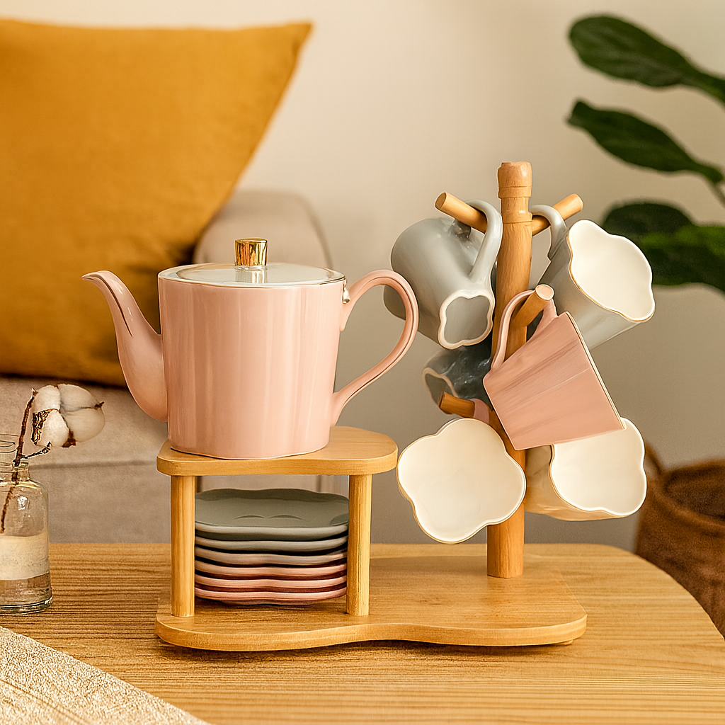 Elegant Floral Ceramic Tea Set with Bamboo Stand