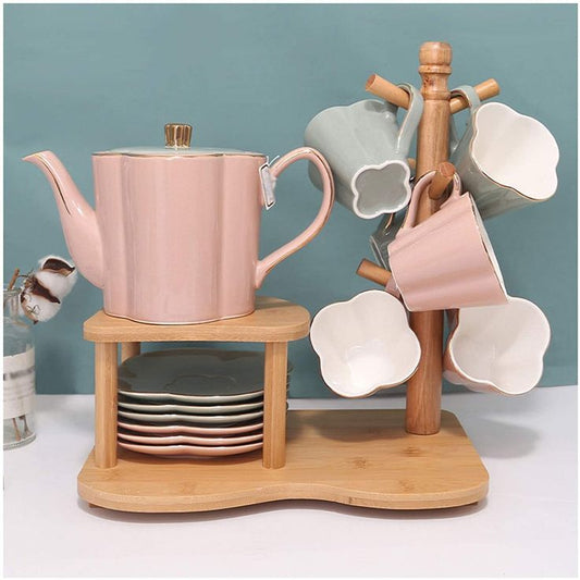 Elegant Floral Ceramic Tea Set with Bamboo Stand