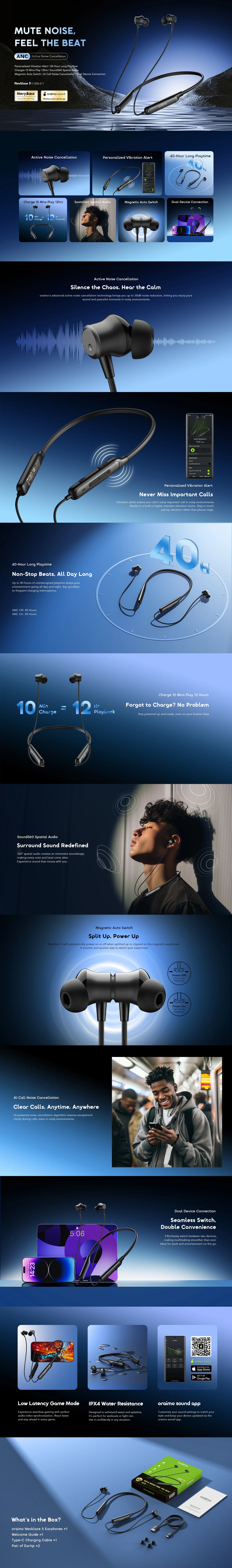 Oraimo Necklace 5 – Dual EQ Neckband Earphones with 40-Hour Playtime