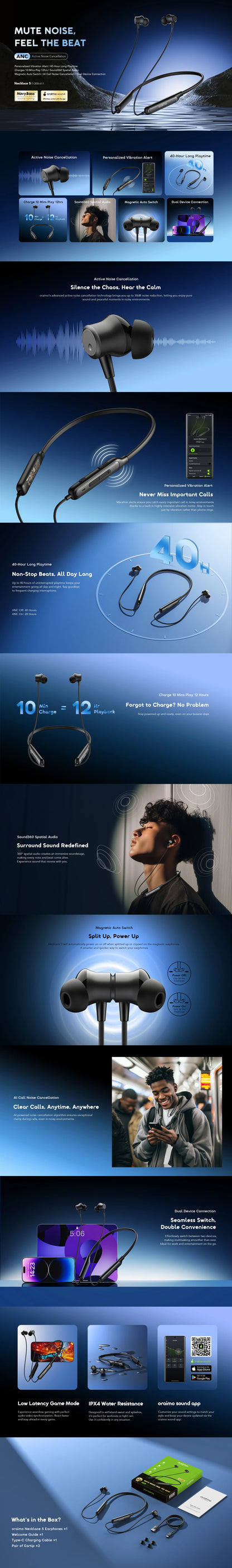 Oraimo Necklace 5 – Dual EQ Neckband Earphones with 40-Hour Playtime