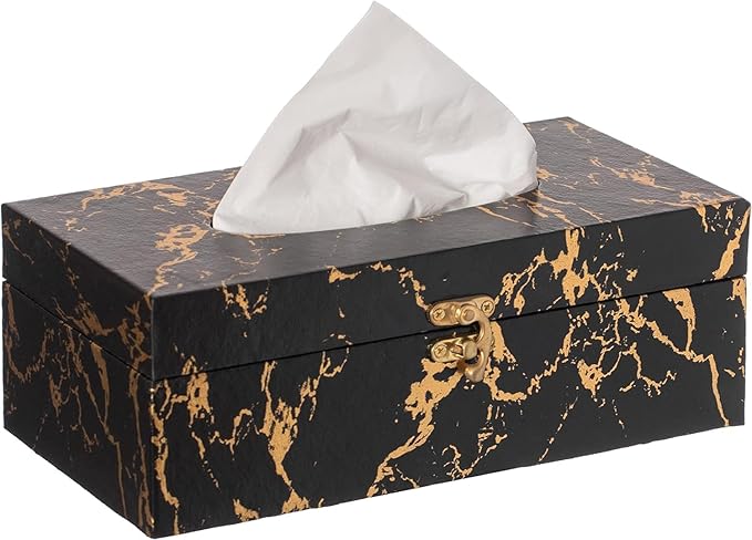 Black & Gold Marble Tissue Box Cover – Modern Bathroom Tissue Holder with Secure Lock