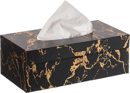 Black & Gold Marble Tissue Box Cover – Modern Bathroom Tissue Holder with Secure Lock
