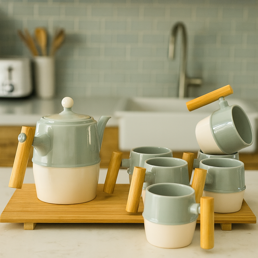 Modern Ceramic Tea Set with Bamboo Handles– 1.3L Kettle & 6×320ml Cups + serving tray