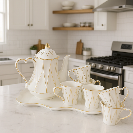Elegant White & Gold Ceramic Tea Set with heart shaped handle – 8-Piece (1.3L Kettle + 320ml Cups + Tray)