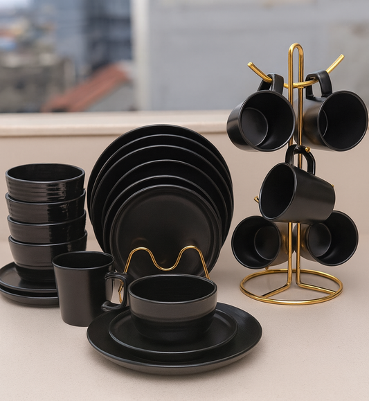 24-Piece Premium Black Ceramic Dinnerware Set with Gold Mug Stand