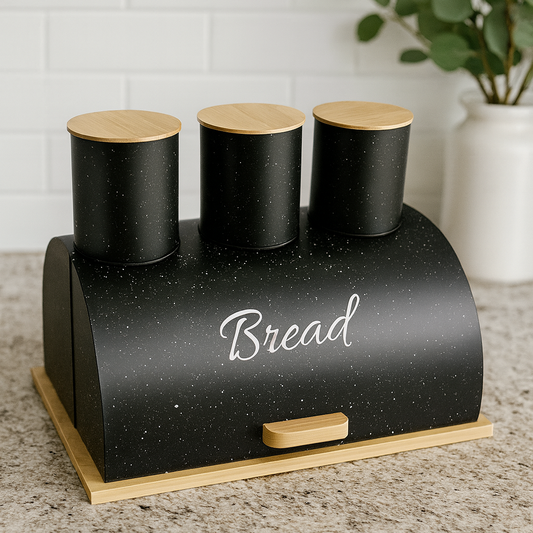 Metallic Bread Bin with Wooden Base + 3 Storage Tins