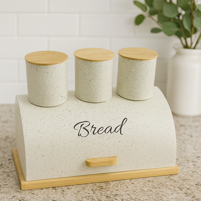 Metallic Bread Bin with Wooden Base + 3 Storage Tins