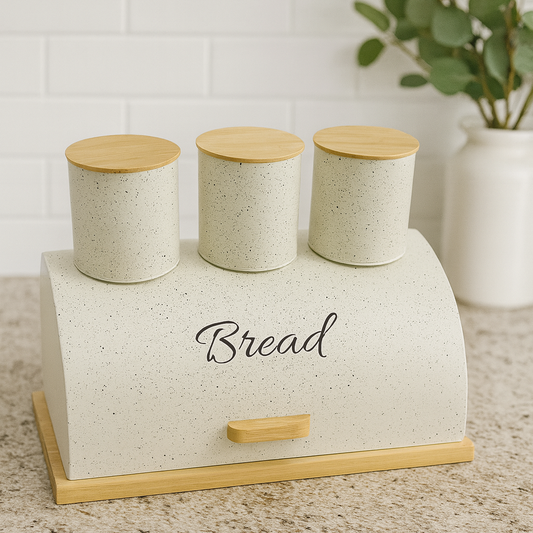 Metallic Bread Bin with Wooden Base + 3 Storage Tins