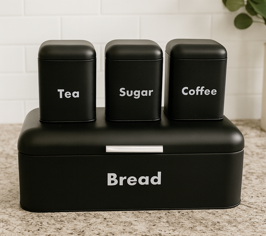 Metallic Bread Bin with 3 Matching Storage Tins (Coffee, Tea & Sugar)