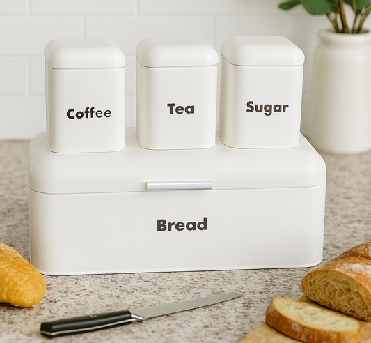 Metallic Bread Bin with 3 Matching Storage Tins (Coffee, Tea & Sugar)
