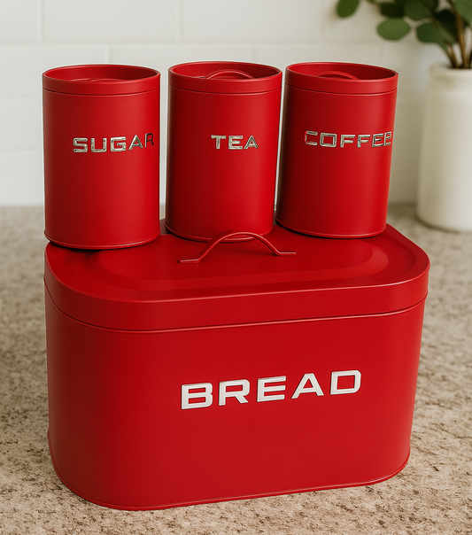 Metallic Bread Bin with 3 Storage Tins (Tea, Coffee & Sugar)