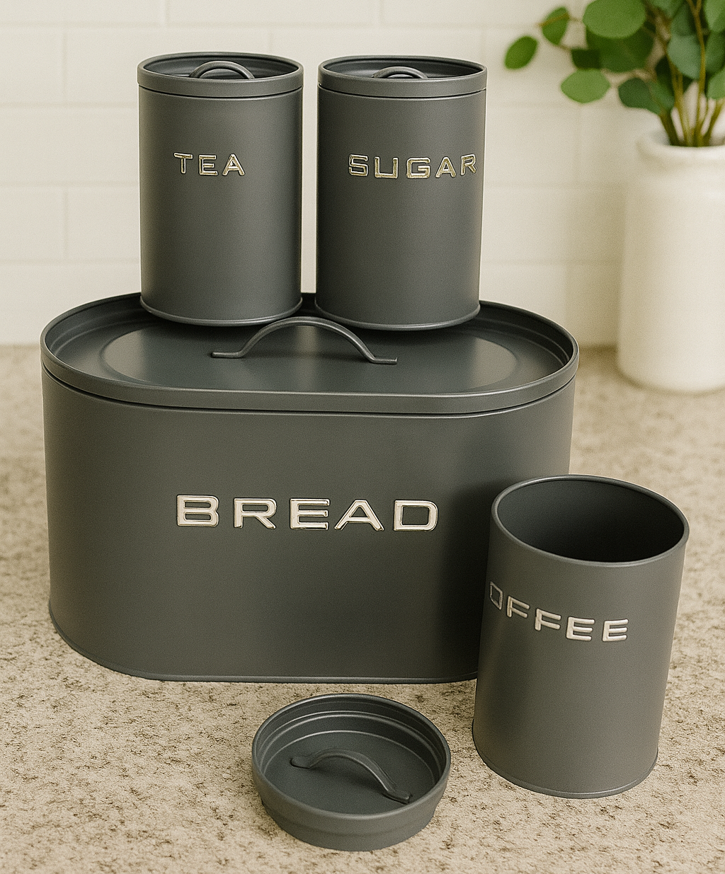 Metallic Bread Bin with 3 Storage Tins (Tea, Coffee & Sugar)