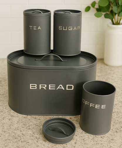 Metallic Bread Bin with 3 Storage Tins (Tea, Coffee & Sugar)
