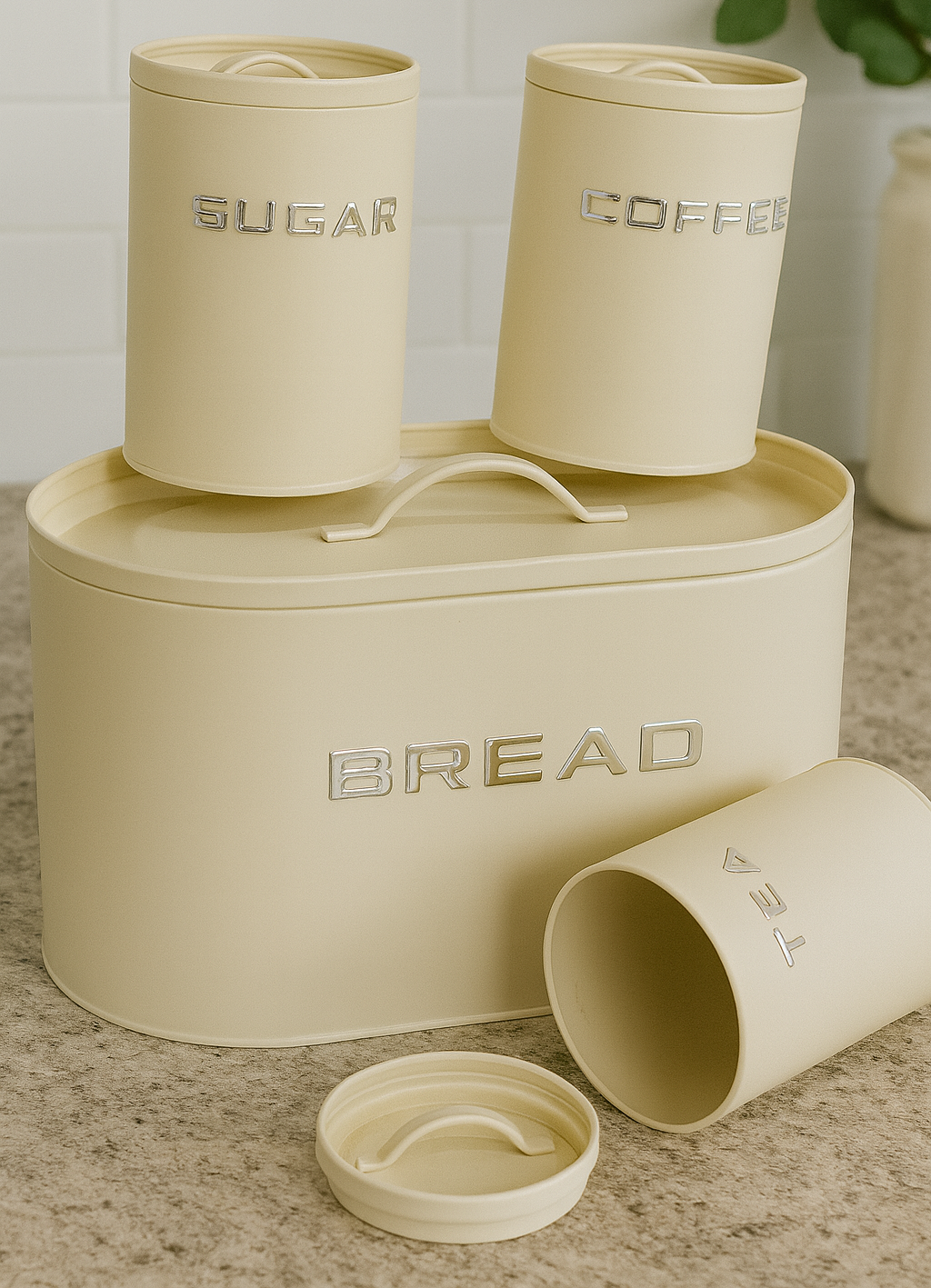 Metallic Bread Bin with 3 Storage Tins (Tea, Coffee & Sugar)