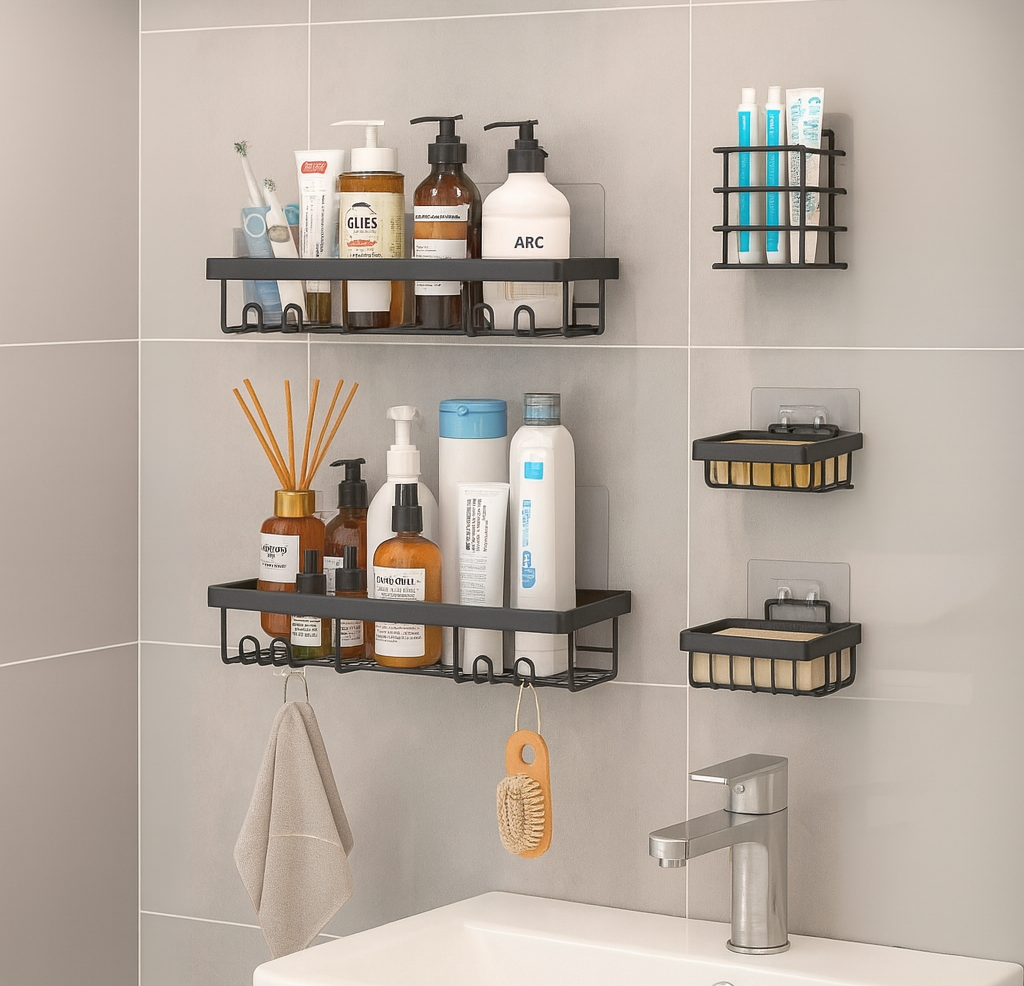 5-Piece Wall Mounted Bathroom Organizer Set – Shower Caddy, Soap Dish & Toothbrush Holder