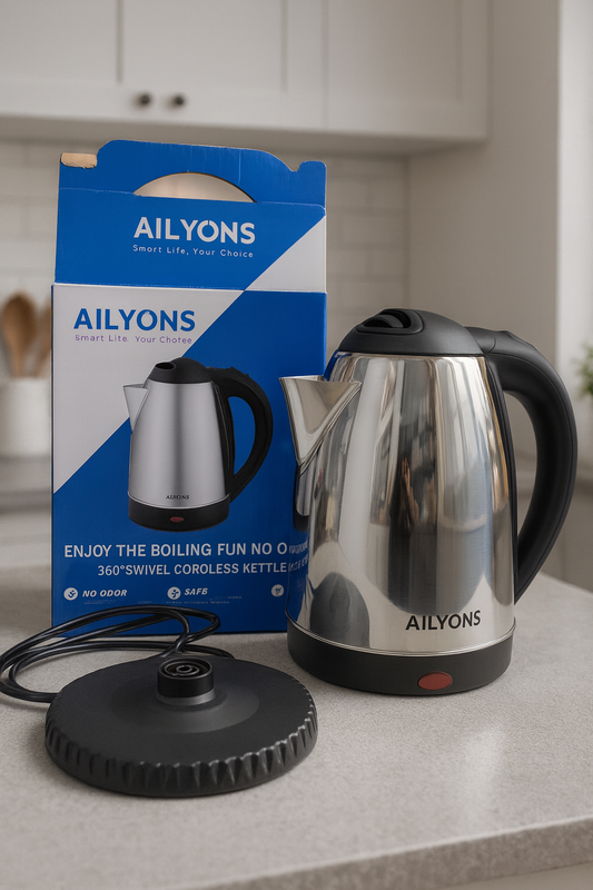 Ailyons Stainless Steel Electric Kettle – 1.8L | 1500W | 360° Cordless Base | Fast Boil & Auto Shut-Off
