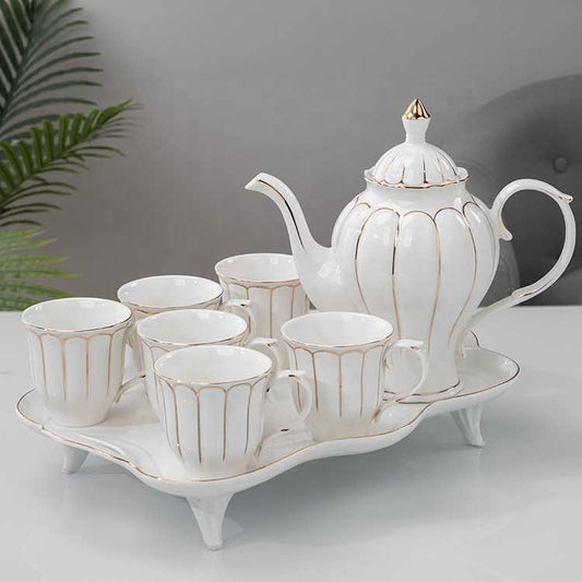 Luxury White & Gold Ceramic Tea Set (1.3L Kettle + 320ml Cups + serving tray)