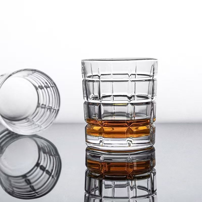 6 Piece Whisky Glass Set  320ml Grid-Pattern Heavy Base Tumblers