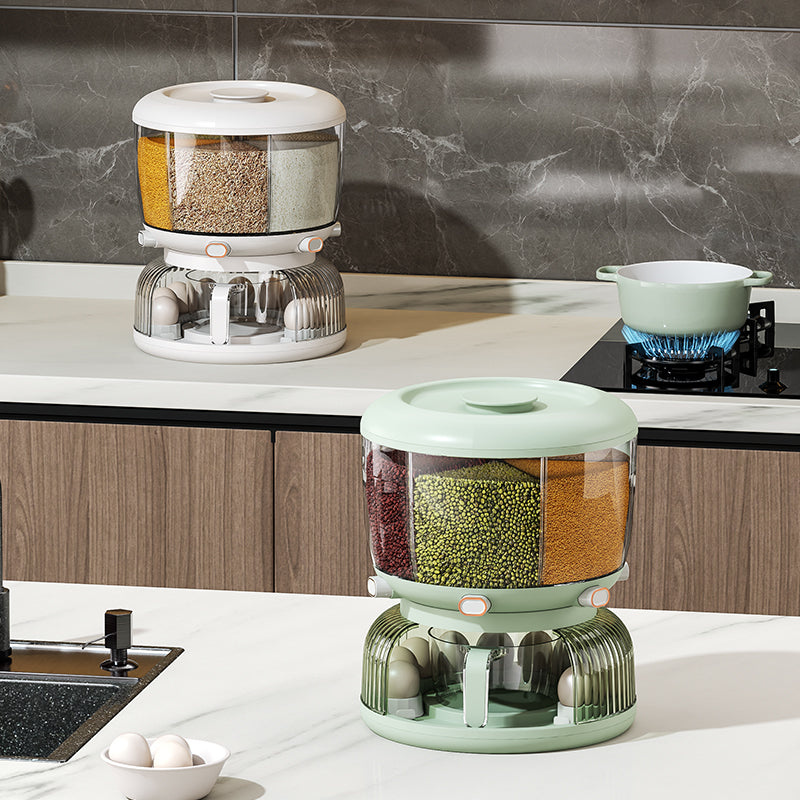 Partitioned Rotating Cereal Dispenser (2-in-1 Cereal Dispenser + Egg Holder)