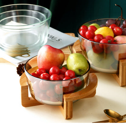 Borosilicate Glass Salad Bowl with Wooden Base
