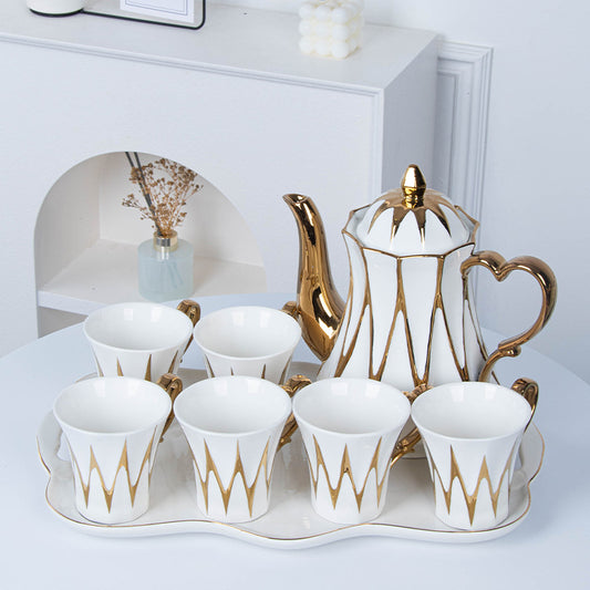 Luxury White & Gold Ceramic Tea Set with love Gold handle – 1.3L Kettle & 6×320ml Cups + serving tray