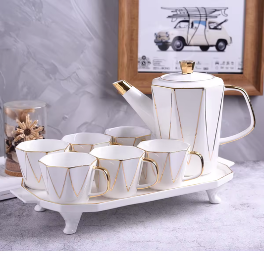 Luxury White & Gold Geometric Ceramic Tea Set (1.3L Kettle + 320ml Cups + serving tray)