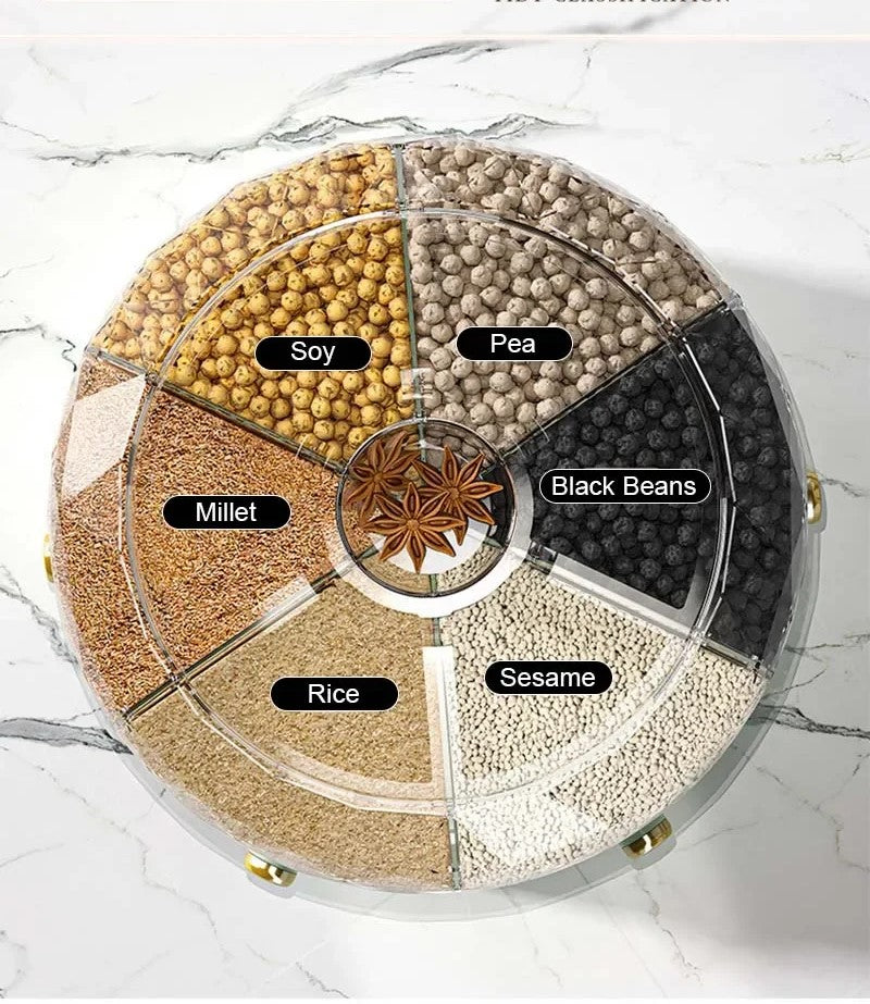 Rotating 6-Grid Food Storage Container –  BPA-Free Cereal & Grain Organizer
